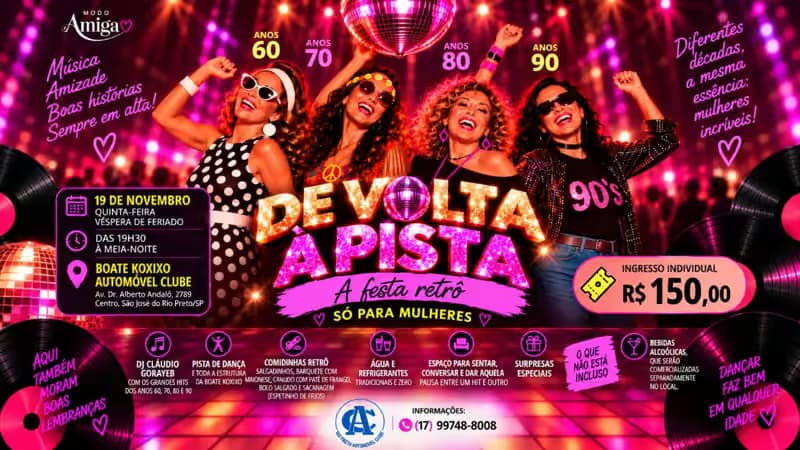 Arte original De Volta à Pista — festa retrô Modo Amiga